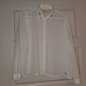 Sheer white collared long sleeved blouse